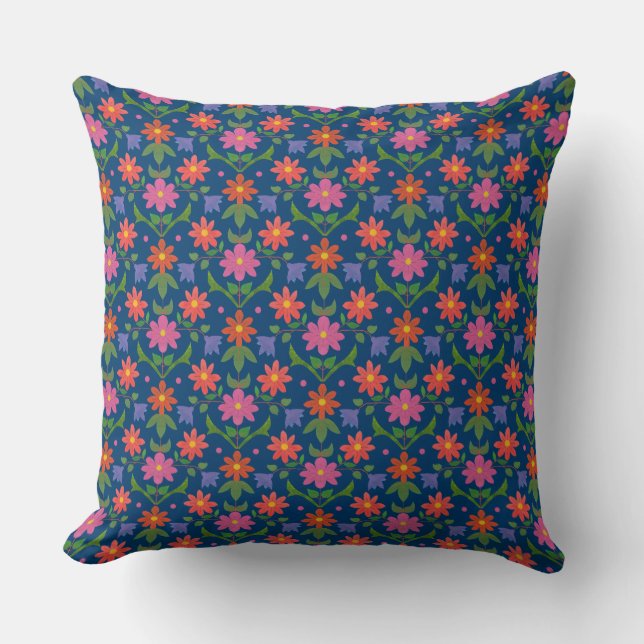Bloemen, pokadots op diepblauw Pillow of Cushion Kussen (Voorkant)