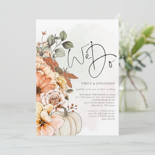 Bloemen Pompoen Herfst Wij Doen QR Code Bruiloft Kaart (Staand voorkant)