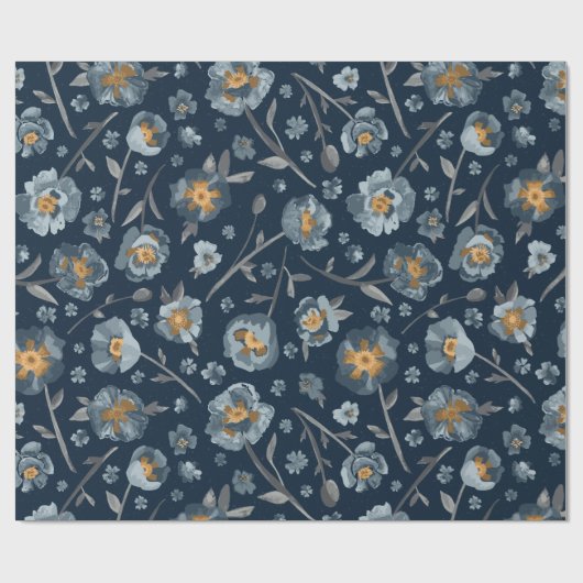 Bloemen Poppies Blauw Patroon Gift Cadeaupapier (Vlak)