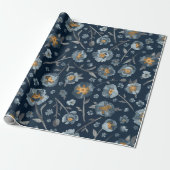 Bloemen Poppies Blauw Patroon Gift Cadeaupapier (Uitgerold)