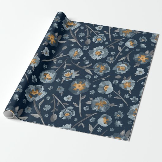 Bloemen Poppies Blauw Patroon Gift Cadeaupapier (Uitgerold)