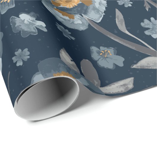 Bloemen Poppies Blauw Patroon Gift Cadeaupapier (Rol Hoek)