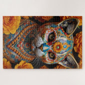 Bloemen porselein kat met echte ogen legpuzzel (Horizontaal)