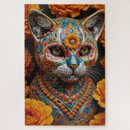 Bloemen porselein kat met echte ogen legpuzzel