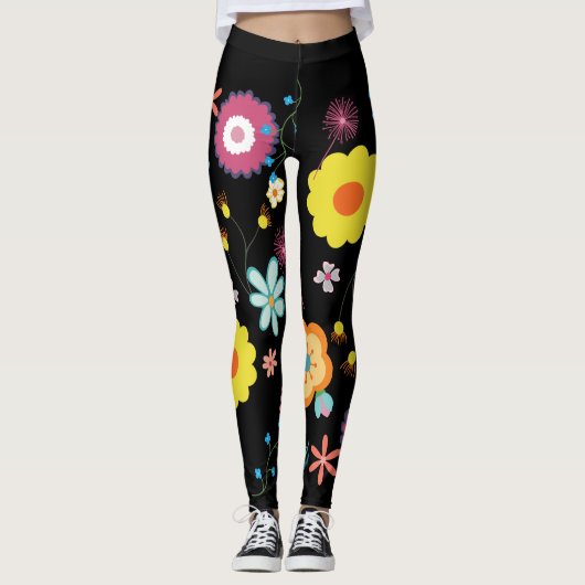 Bloemen Power Kleurrijk Zwart Leggings (Voorkant)