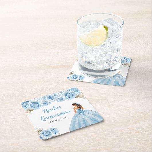 Bloemen Prinses in Blauwe Jurk Quinceanera Kartonnen Onderzetters (Insitu)