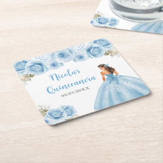Bloemen Prinses in Blauwe Jurk Quinceanera Kartonnen Onderzetters (Schuin)