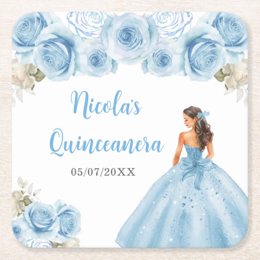 Bloemen Prinses in Blauwe Jurk Quinceanera Kartonnen Onderzetters (Voorkant)