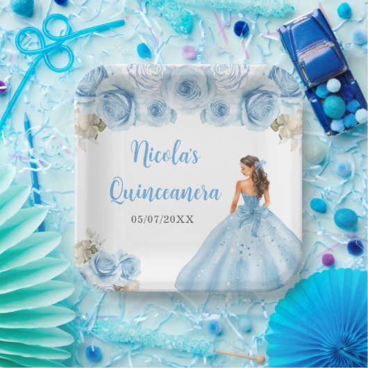 Bloemen Prinses in Blauwe Jurk Quinceanera Papieren Bordje (Feest)