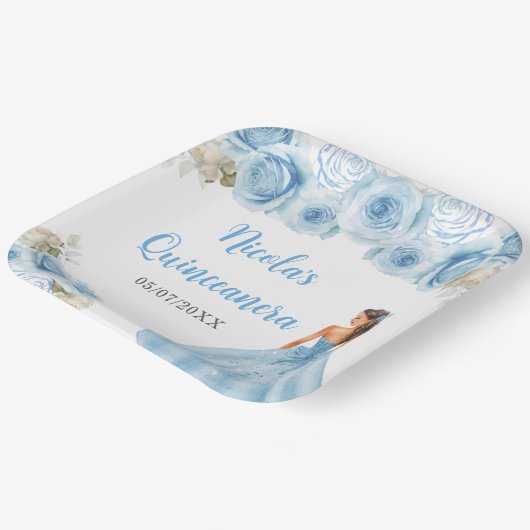 Bloemen Prinses in Blauwe Jurk Quinceanera Papieren Bordje (Gebogen)