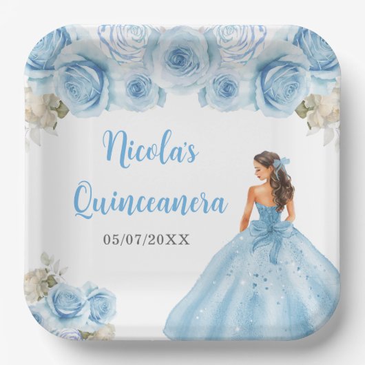 Bloemen Prinses in Blauwe Jurk Quinceanera Papieren Bordje (Voorkant)