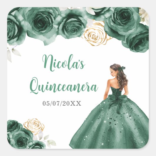 Bloemen prinses in donkergroene jurk Quinceanera Vierkante Sticker (Voorkant)
