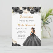 Bloemen prinses in zwarte jurk Quinceanera Kaart (Staand voorkant)