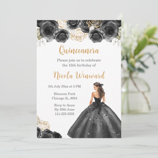 Bloemen prinses in zwarte jurk Quinceanera Kaart (Staand voorkant)