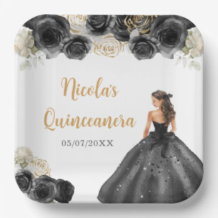 Bloemen prinses in zwarte jurk Quinceanera Papieren Bordje