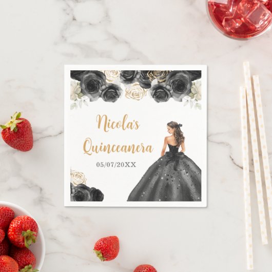 Bloemen prinses in zwarte jurk Quinceanera Servet (Insitu)
