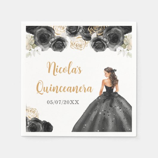 Bloemen prinses in zwarte jurk Quinceanera Servet (Voorkant)