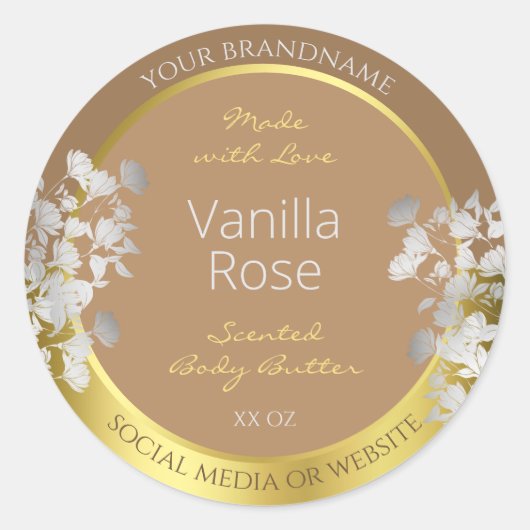 Bloemen Product Verpakking Etiketten Bruin Goud Zi (Voorkant)