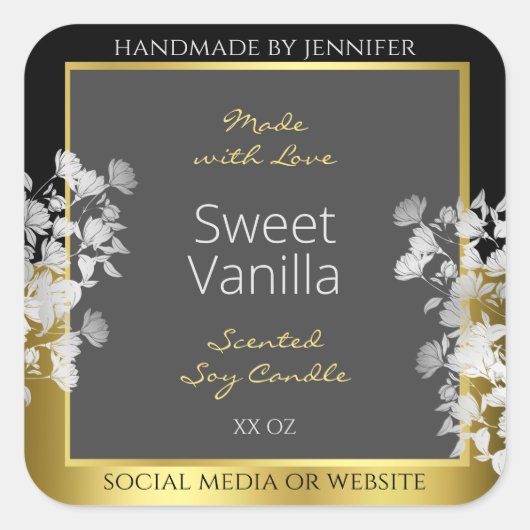 Bloemen Product Verpakking Label Zwart Goud en Gri (Voorkant)