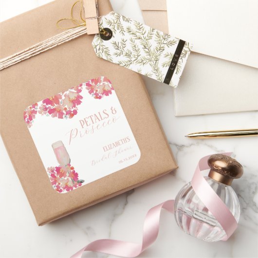 Bloemen & Prosecco Bruidsfeest Bloemrijk Roze Vierkante Sticker (Geschenken)