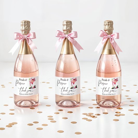 Bloemen & Prosecco Roze Roze Bloemige Bruiloftsbor Sparkling Wijnetiket