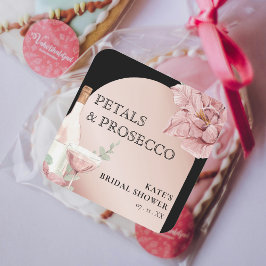 Bloemen & Prosecco Zwart & Roze Goud Bruiloftsborr Vierkante Sticker