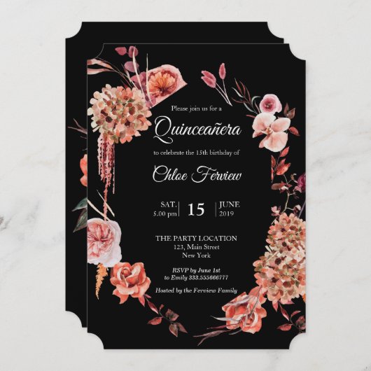 Bloemen Quinceañera Black uitnodiging (Voorkant / Achterkant)