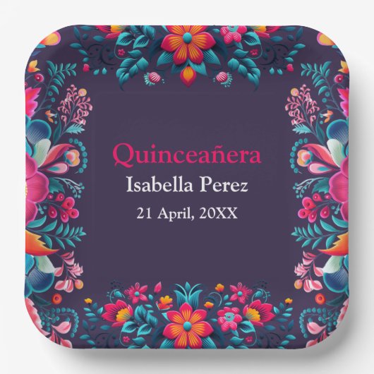 Bloemen Quinceanera Paarse Mexicaanse Fiesta Verja Papieren Bordje (Voorkant)