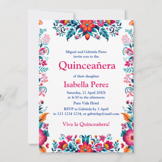 Bloemen Quinceanera Witte Mexicaanse Fiesta Verjaa Kaart (Voorkant)