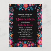 Bloemen Quinceanera Zwart Mexicaans Fiesta Verjaar Briefkaart (Voorkant)