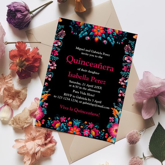 Bloemen Quinceanera Zwart Mexicaans Fiesta Verjaar Briefkaart