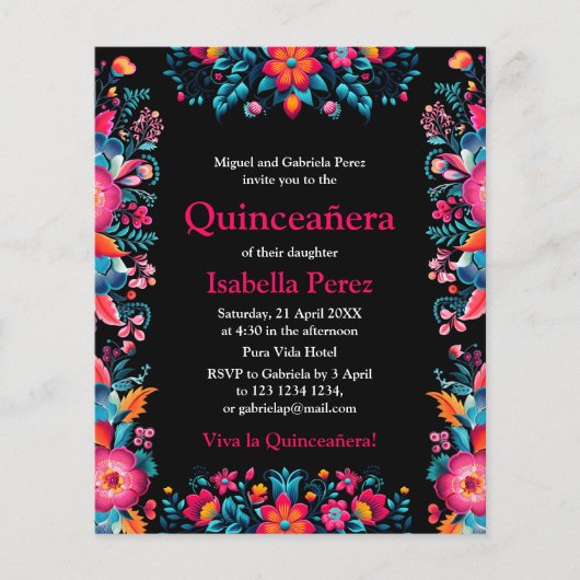 Bloemen Quinceanera Zwart Mexicaans Fiesta Verjaar Flyer (Voorkant)