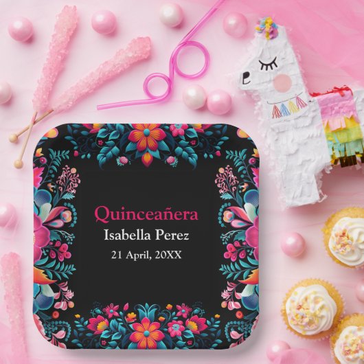 Bloemen Quinceanera Zwart Mexicaans Fiesta Verjaar Papieren Bordje (Feest)