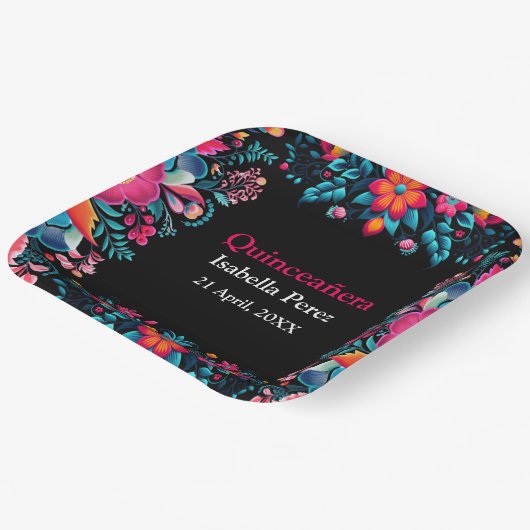 Bloemen Quinceanera Zwart Mexicaans Fiesta Verjaar Papieren Bordje (Gebogen)