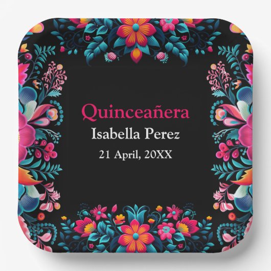 Bloemen Quinceanera Zwart Mexicaans Fiesta Verjaar Papieren Bordje (Voorkant)