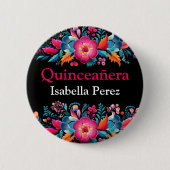 Bloemen Quinceanera Zwart Mexicaanse Fiesta Ronde Button 5,7 Cm (Voorkant)