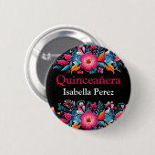 Bloemen Quinceanera Zwart Mexicaanse Fiesta Ronde Button 5,7 Cm (Voorkant /achterkant)
