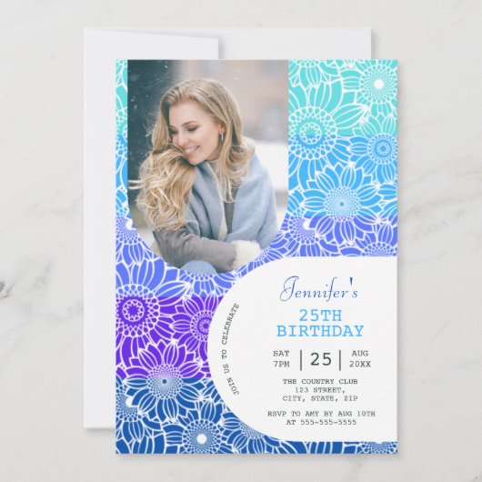 Bloemen Regenboog Blauwe Strepen Arch Foto Verjaar Kaart (Voorkant)