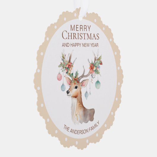 Bloemen Rendier Beige Kerst Ornament Kaart (Rechts)