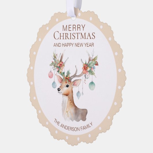 Bloemen Rendier Beige Kerst Ornament Kaart (Links)