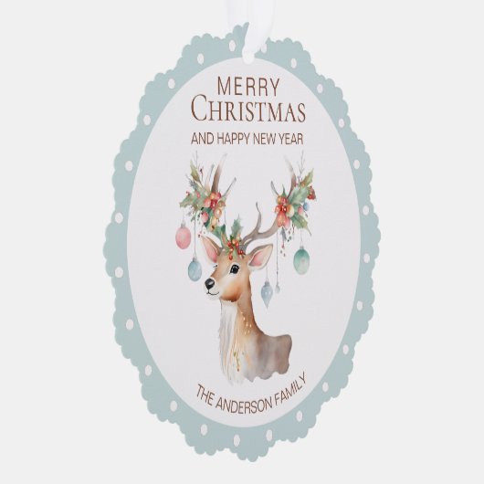 Bloemen Rendier Blauw Kerst Ornament Kaart (Rechts)
