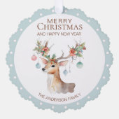 Bloemen Rendier Blauw Kerst Ornament Kaart (Voorkant)