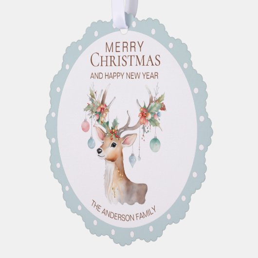 Bloemen Rendier Blauw Kerst Ornament Kaart (Links)