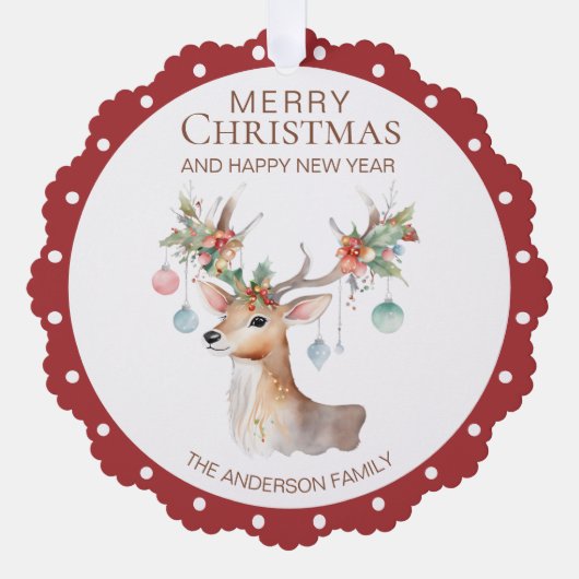 Bloemen Rendier Maroon Rode Kerstmis Ornament Kaar (Voorkant)