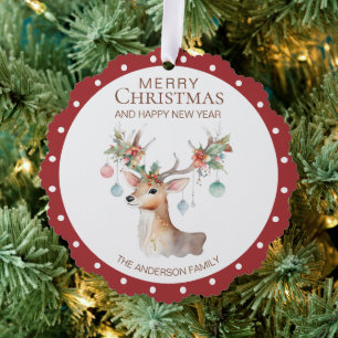 Bloemen Rendier Maroon Rode Kerstmis Ornament Kaar Kaart