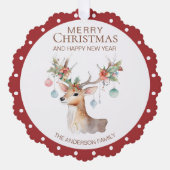 Bloemen Rendier Maroon Rode Kerstmis Ornament Kaar Kaart (Voorkant)