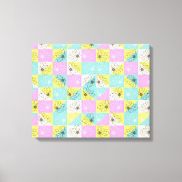 Bloemen retro 70s pastel dambord roze blauwgroen canvas afdruk
