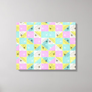 Bloemen retro 70s pastel dambord roze blauwgroen canvas afdruk