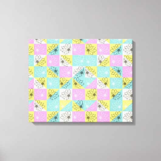 Bloemen retro 70s pastel dambord roze blauwgroen canvas afdruk (Voorkant)