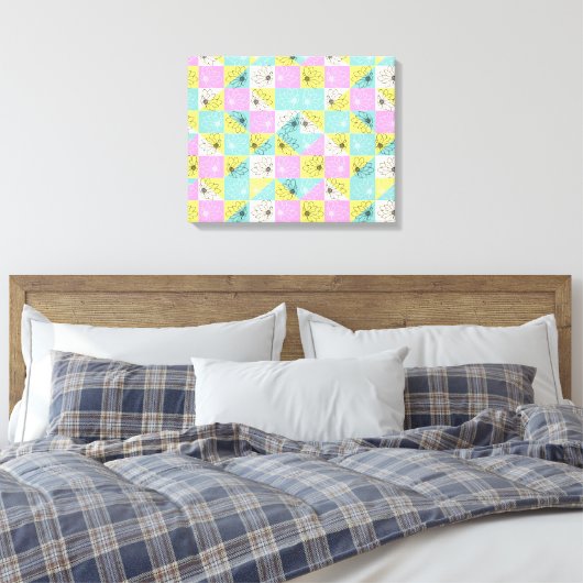 Bloemen retro 70s pastel dambord roze blauwgroen canvas afdruk (Insitu (Slaapkamer))